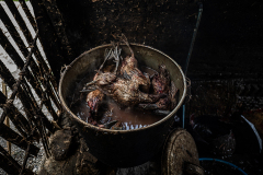 A pot of boiling water is filled with recently slaughtered ducks at a small slaughterhouse. Indonesia, 2021. Haig / Act for Farmed Animals / We Animals