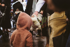 A child and a chicken make eye contact during the frenzy of Kaporos. USA, 2022. Victoria de Martigny / We Animals