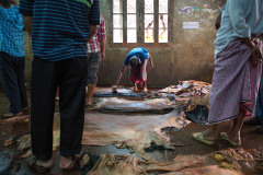 In Lalbagh, Dhaka, a leather dealer presents his freshly cleaned and sorted hides to potential customers from local tanneries.