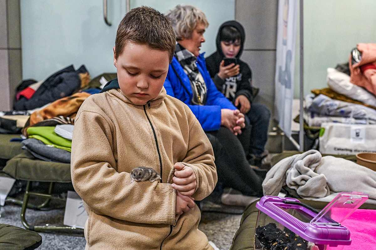 A young Ukrainian refugee cradles his pet hamster as he waits at the Kraków train station in Poland. The station has been converted to a makeshift shelter for incoming refugees from the Russian invasion of Ukraine, providing food, a warm place to rest, information and free train tickets to anywhere in Poland. Poland, 2022. Miloš Bičanski / We Animals
