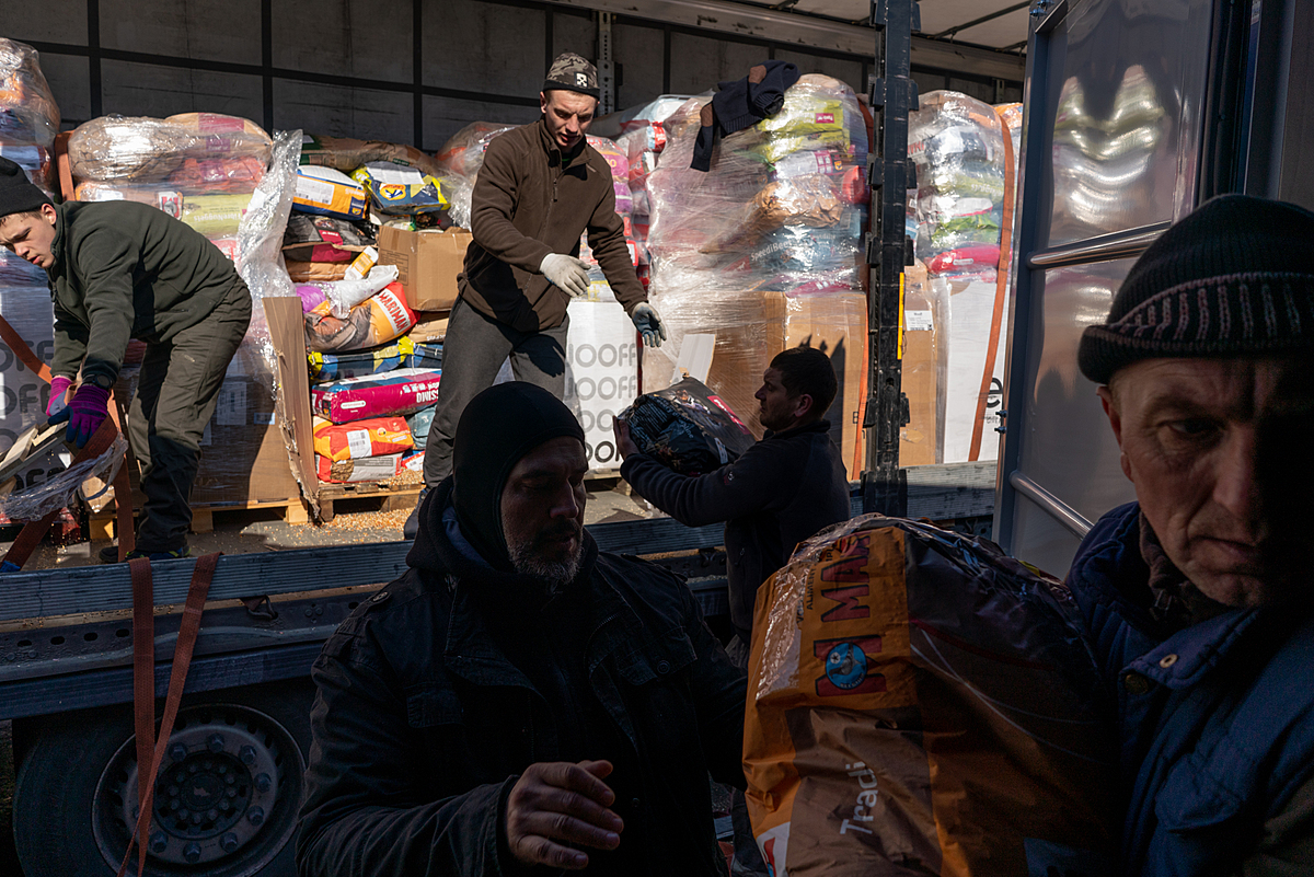 Fundacja Centaurus workers unload a truck of animal food and supplies shipped from Holland into a container at the Fundacja Centaurus aid camp. Poland, 2022. Thomas Machowicz / We Animals