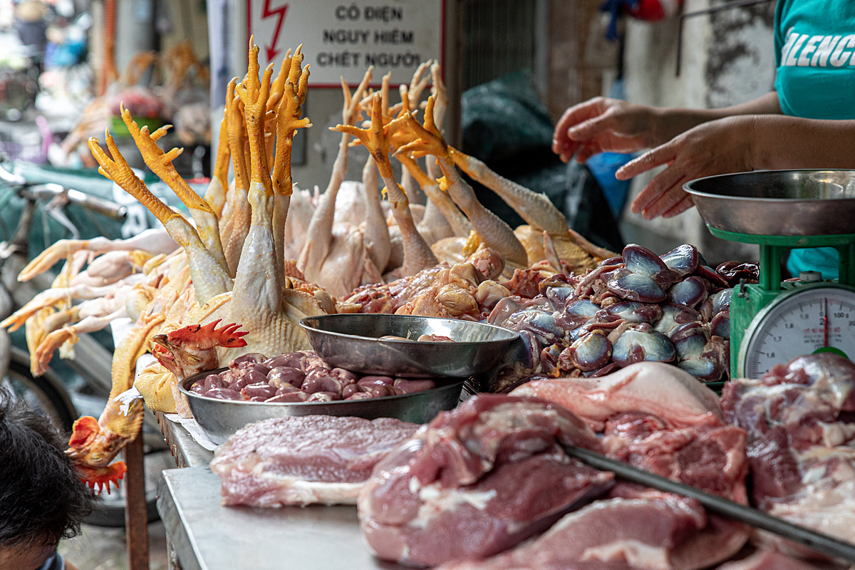 Whole chickens, internal organs and other animal body parts are displayed on table at a store in Nam Trung Yen market in Vietnam. Vietnam, 2022.Aaron Gekoski / Asia for Animals Coalition / We Animals