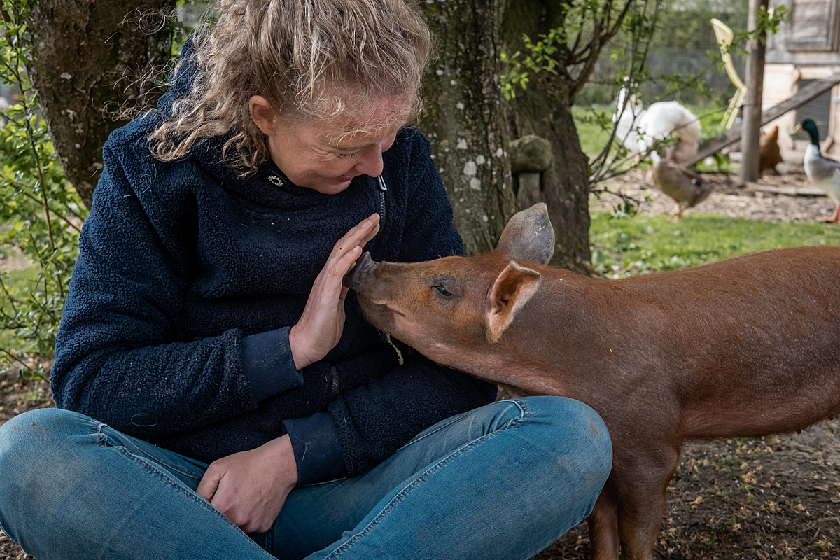 Sarah Heiligtag plays with piglet Rosalie in the yard at Hof Narr in Hinteregg, Switzerland. Hof Narr is a vegan farm and animal sanctuary where chickens, ducks, cats, pigs, sheep, goats, horses and other farmed animals are free to roam and live out their natural lives without exploitation. Hof Narr, Hinteregg, Zurich, Switzerland, 2022. Sabina Diethelm / We Animals